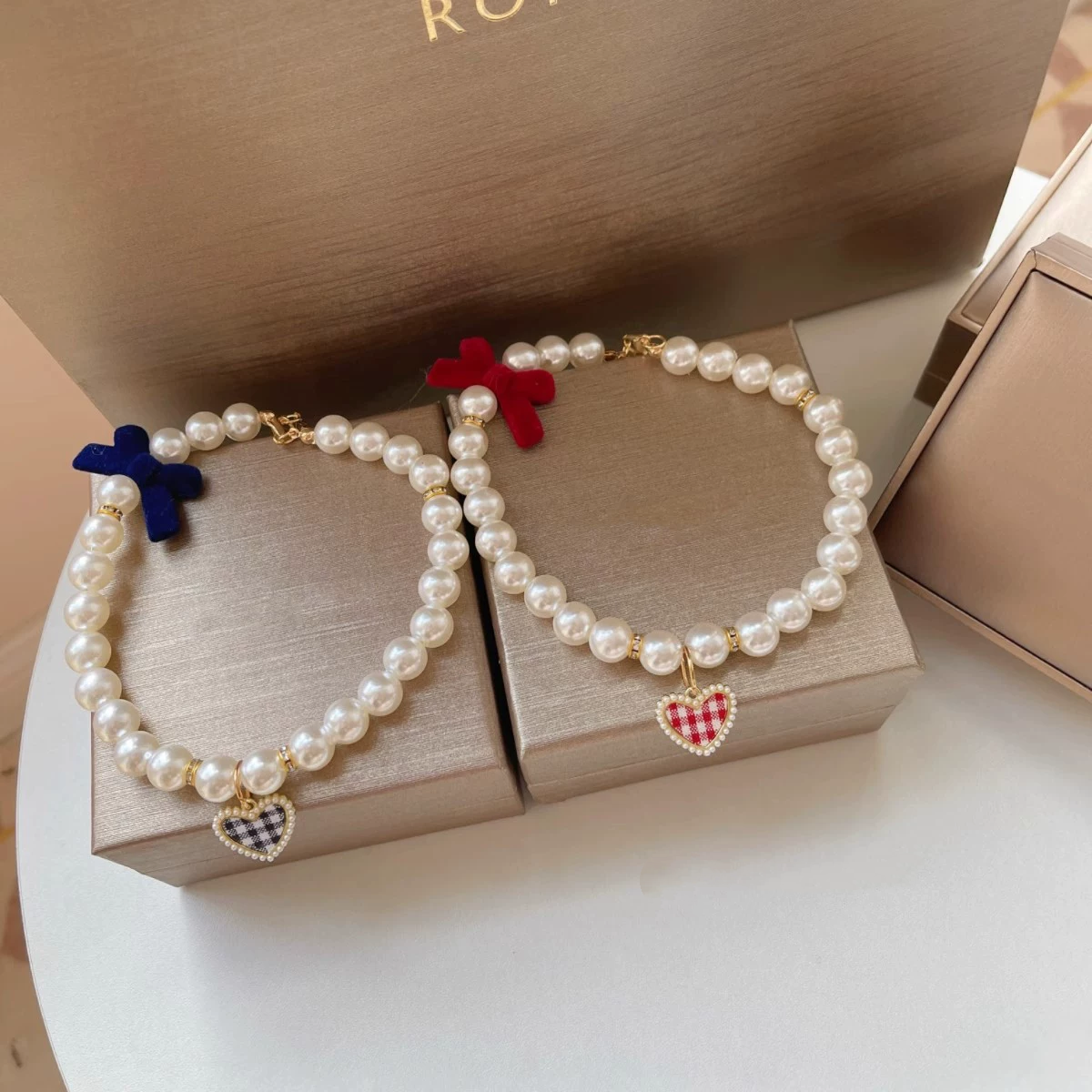 Pearl Heart Bow Pet Necklace Collar MOE0006