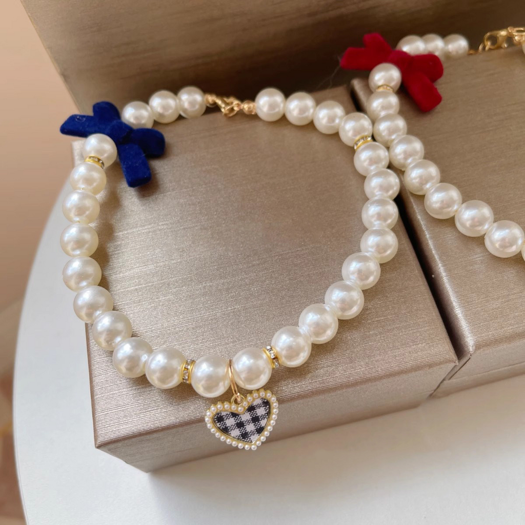 Pearl Heart Bow Pet Necklace Collar MOE0006