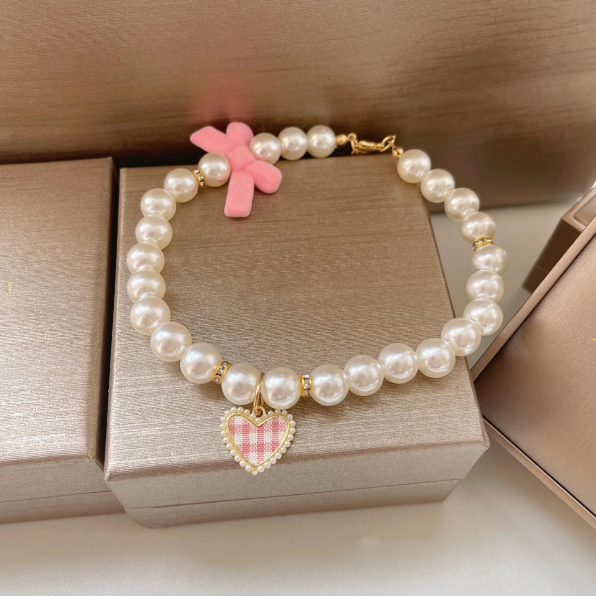 Pearl Heart Bow Pet Necklace Collar MOE0006