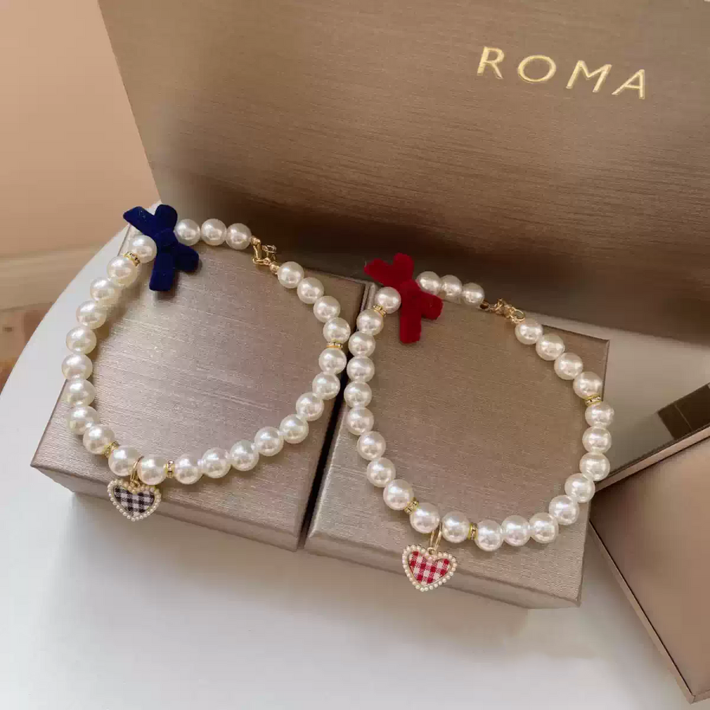 Pearl Heart Bow Pet Necklace Collar MOE0006