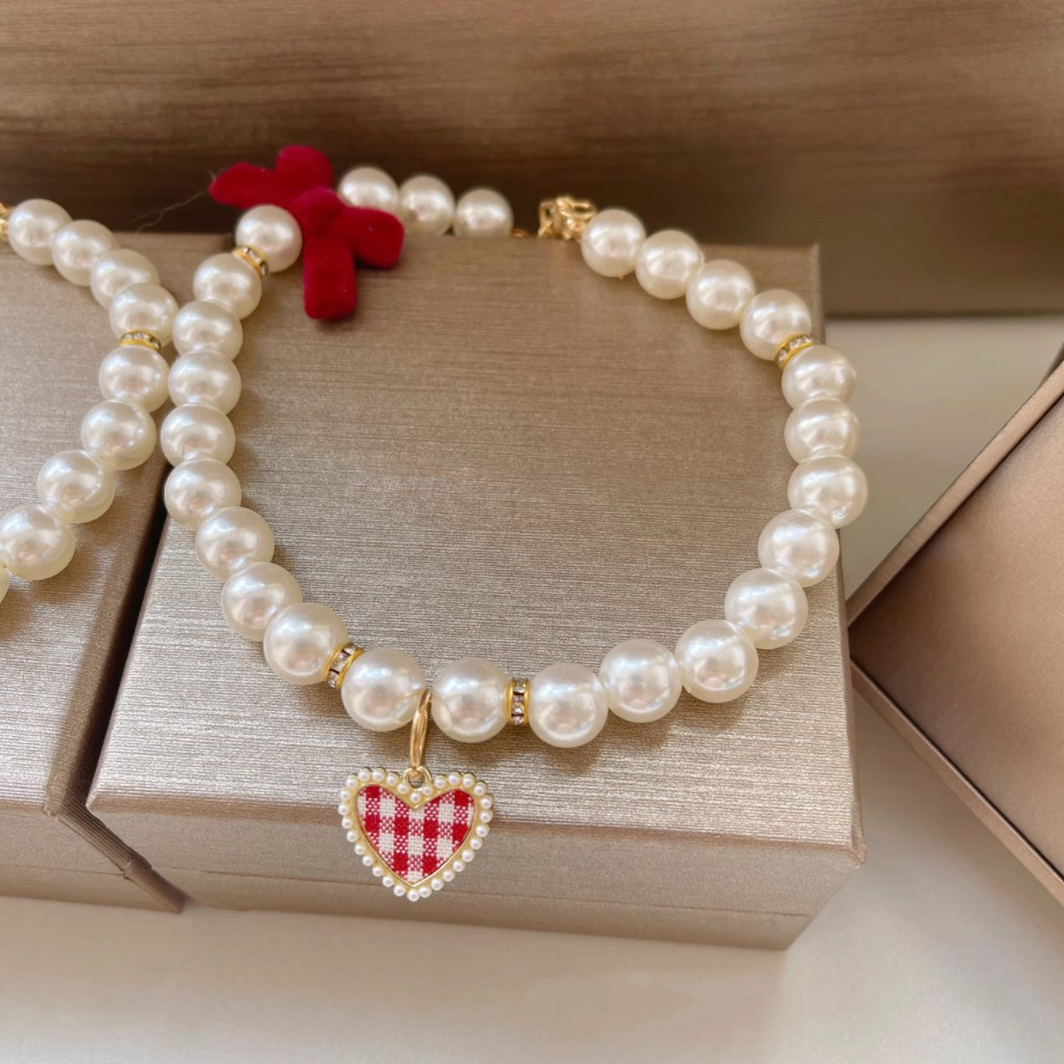 Pearl Heart Bow Pet Necklace Collar MOE0006