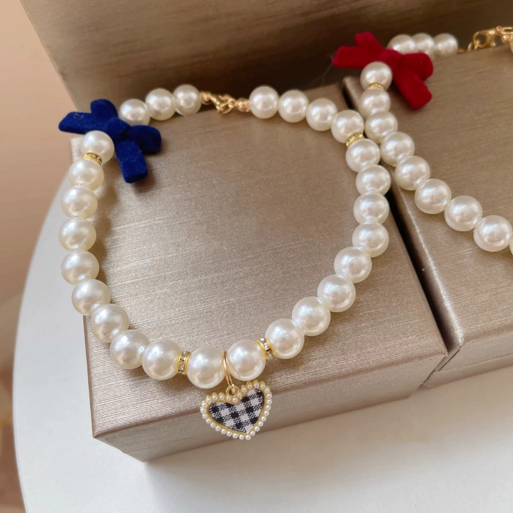 Pearl Heart Bow Pet Necklace Collar MOE0006